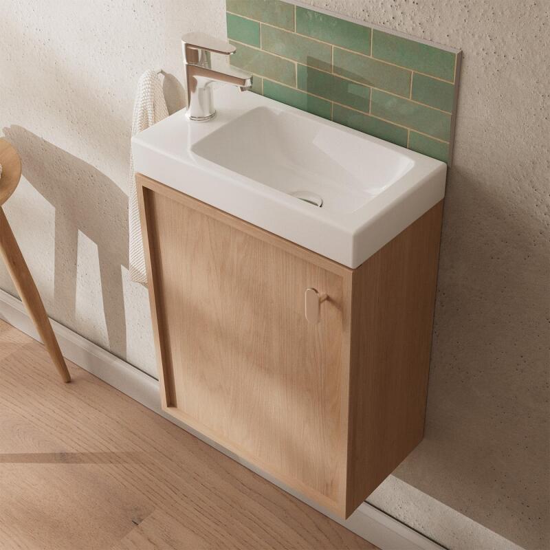Ensemble meuble lave-mains décor chêne + robinet + miroir