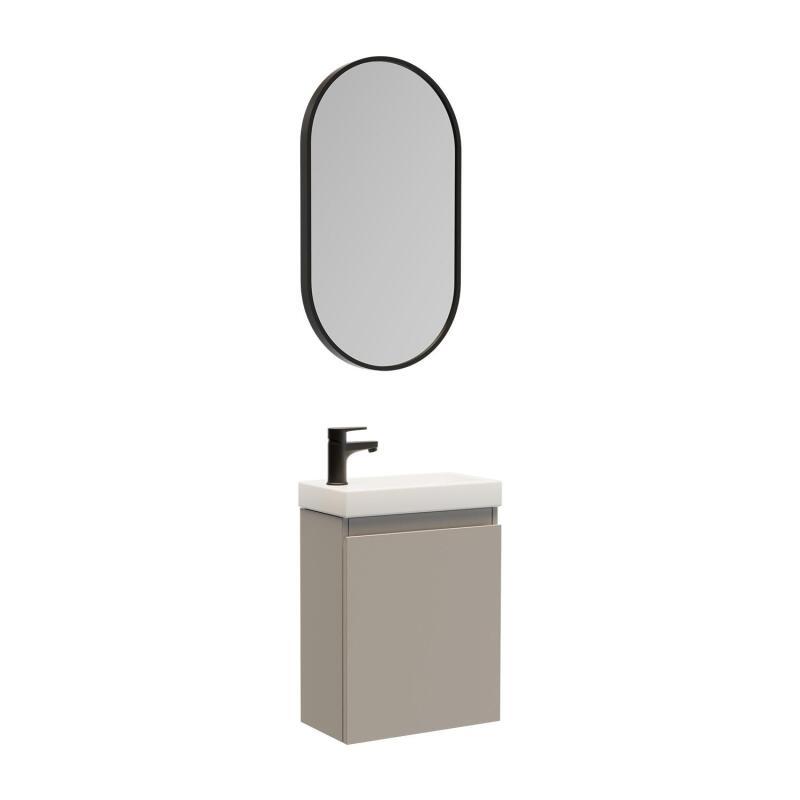 Ensemble meuble lave-mains gris sable + Miroir ovale