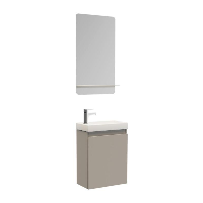 Ensemble meuble lave-mains gris sable + Miroir tablette blanche