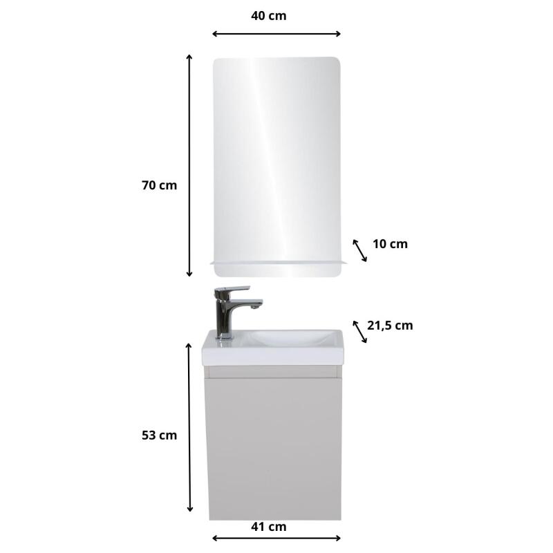 Ensemble meuble lave-mains gris sable + Miroir tablette blanche