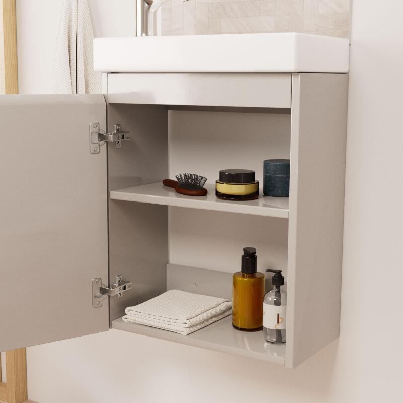 Ensemble meuble lave-mains gris sable + Miroir tablette blanche