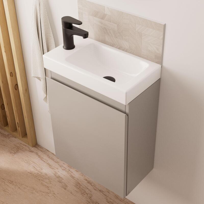 Ensemble meuble lave-mains gris sable + Miroir tablette blanche