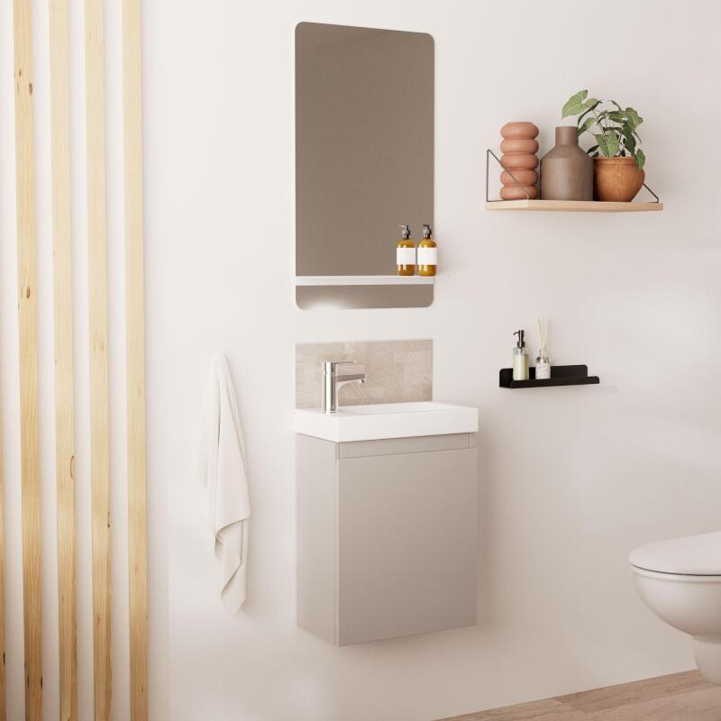 Ensemble meuble lave-mains gris sable + Miroir tablette blanche