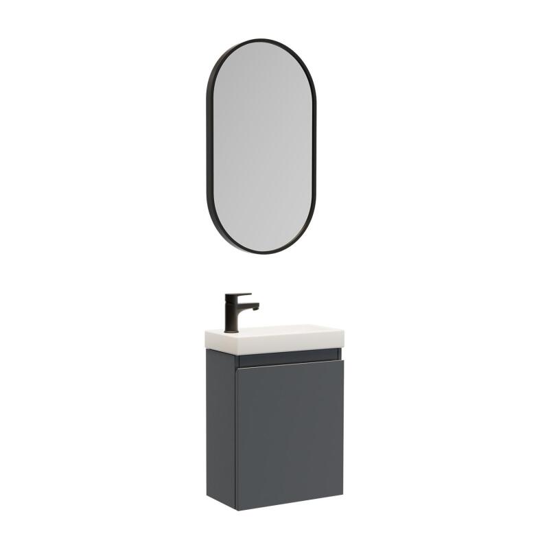 Ensemble meuble lave-mains gris sable + Robinet noir + Miroir ovale