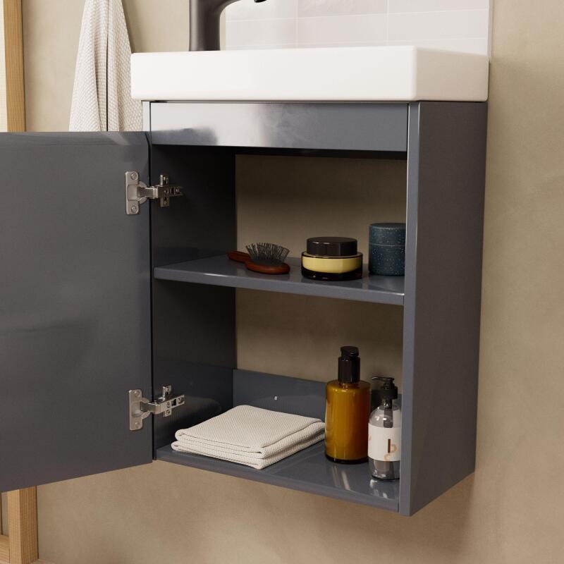 Ensemble meuble lave-mains gris sable + Robinet noir + Miroir ovale
