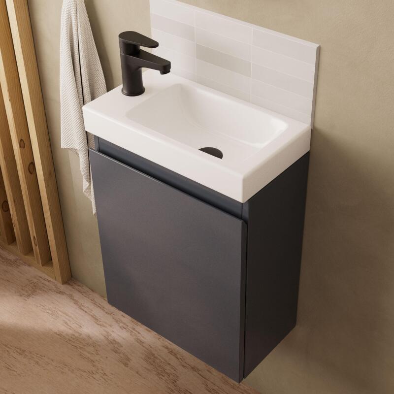 Ensemble meuble lave-mains gris sable + Robinet noir + Miroir ovale
