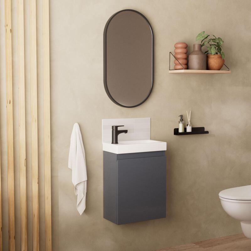 Ensemble meuble lave-mains gris sable + Robinet noir + Miroir ovale