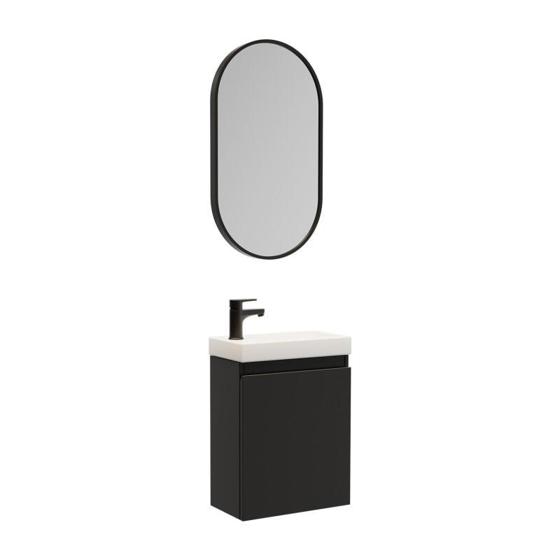 Ensemble meuble lave-mains gris sable + Robinet noir + Miroir ovale