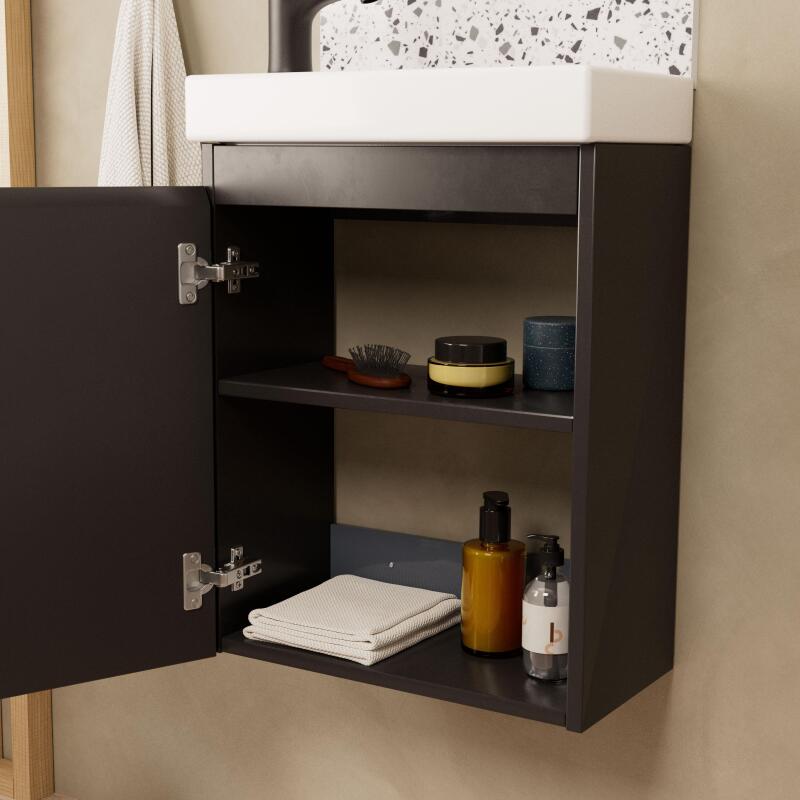 Ensemble meuble lave-mains gris sable + Robinet noir + Miroir ovale