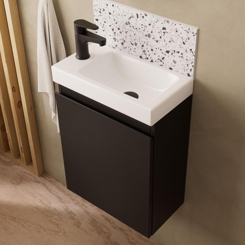 Ensemble meuble lave-mains gris sable + Robinet noir + Miroir ovale