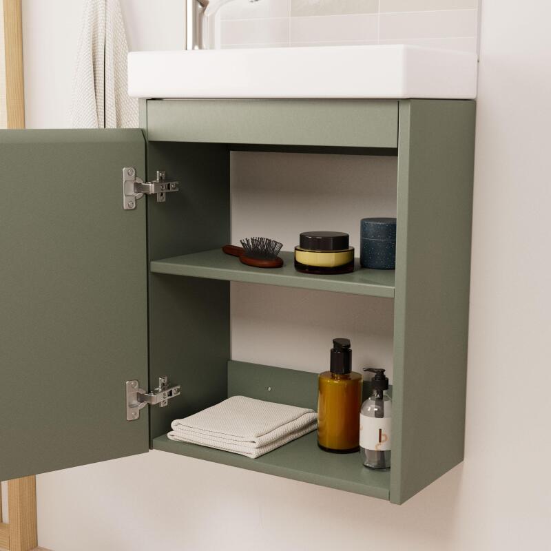 Ensemble meuble lave-mains + Robinet chromé + Miroir tablette blanche
