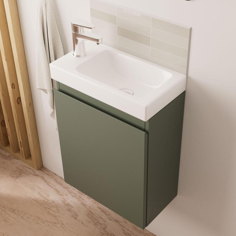 Ensemble meuble lave-mains + Robinet chromé + Miroir tablette blanche