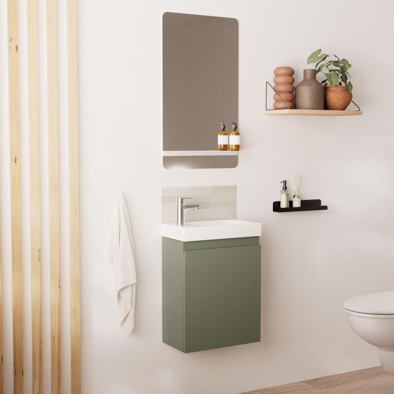 Ensemble meuble lave-mains + Robinet chromé + Miroir tablette blanche