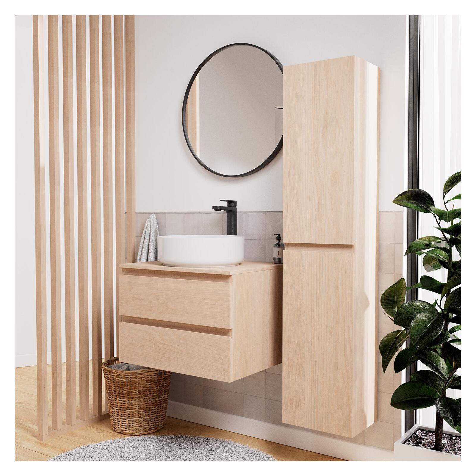 Ensemble meuble simple vasque 60 cm + vasque DIEGO + robinet ROB + miroir EMA + colonne SORRENTO