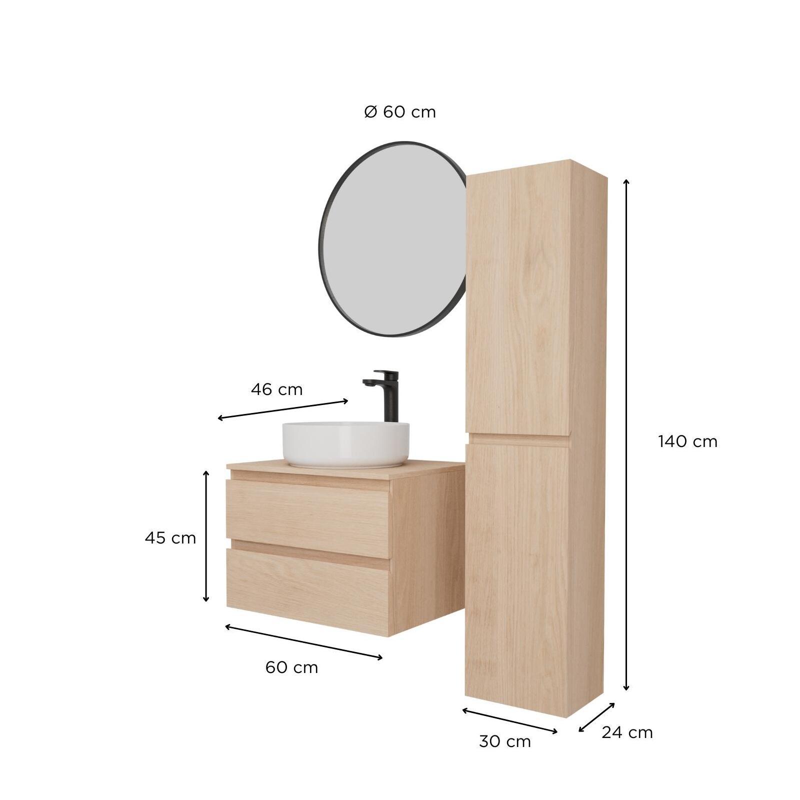 Ensemble meuble simple vasque 60 cm + vasque DIEGO + robinet ROB + miroir EMA + colonne SORRENTO