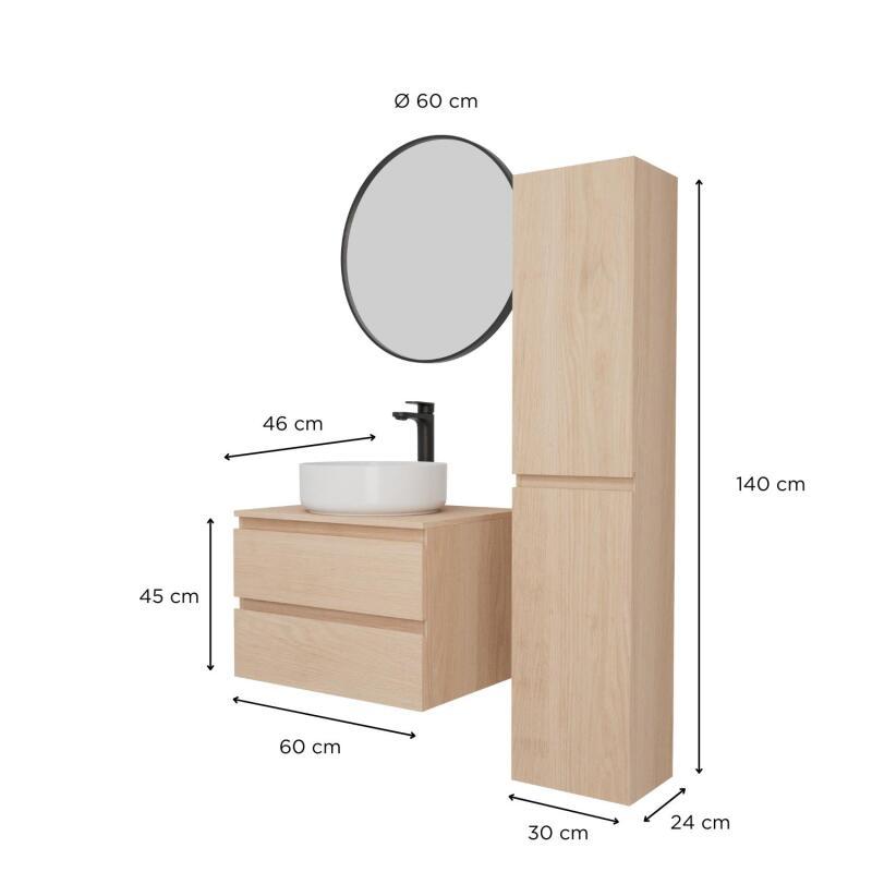 Ensemble meuble simple vasque 60 cm + vasque DIEGO + robinet ROB + miroir EMA + colonne SORRENTO