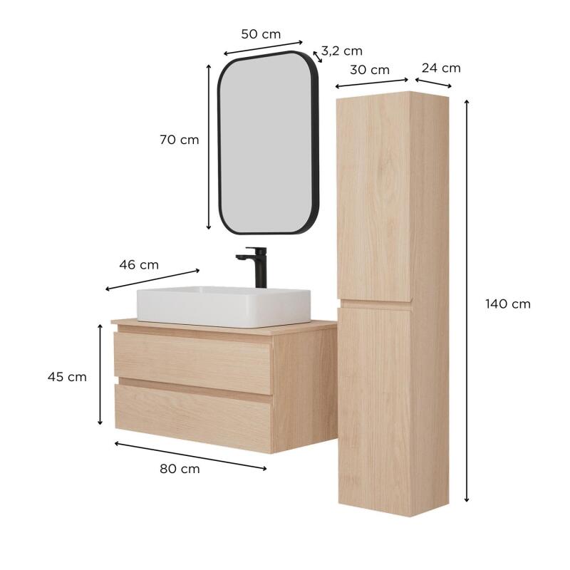 Ensemble meuble simple vasque 80 cm + vasque SADDY + robinet ROB + miroir LYA + colonne SORRENTO