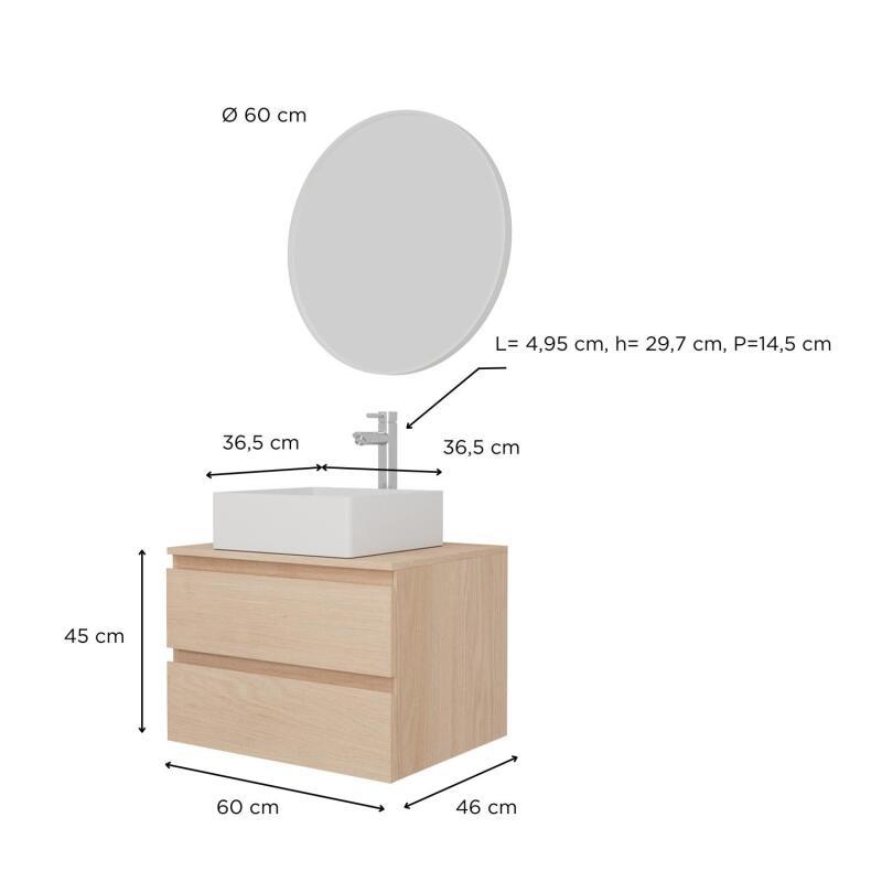 Ensemble meuble simple vasque 60 cm + vasque COMA + robinet ROB + miroir EMA