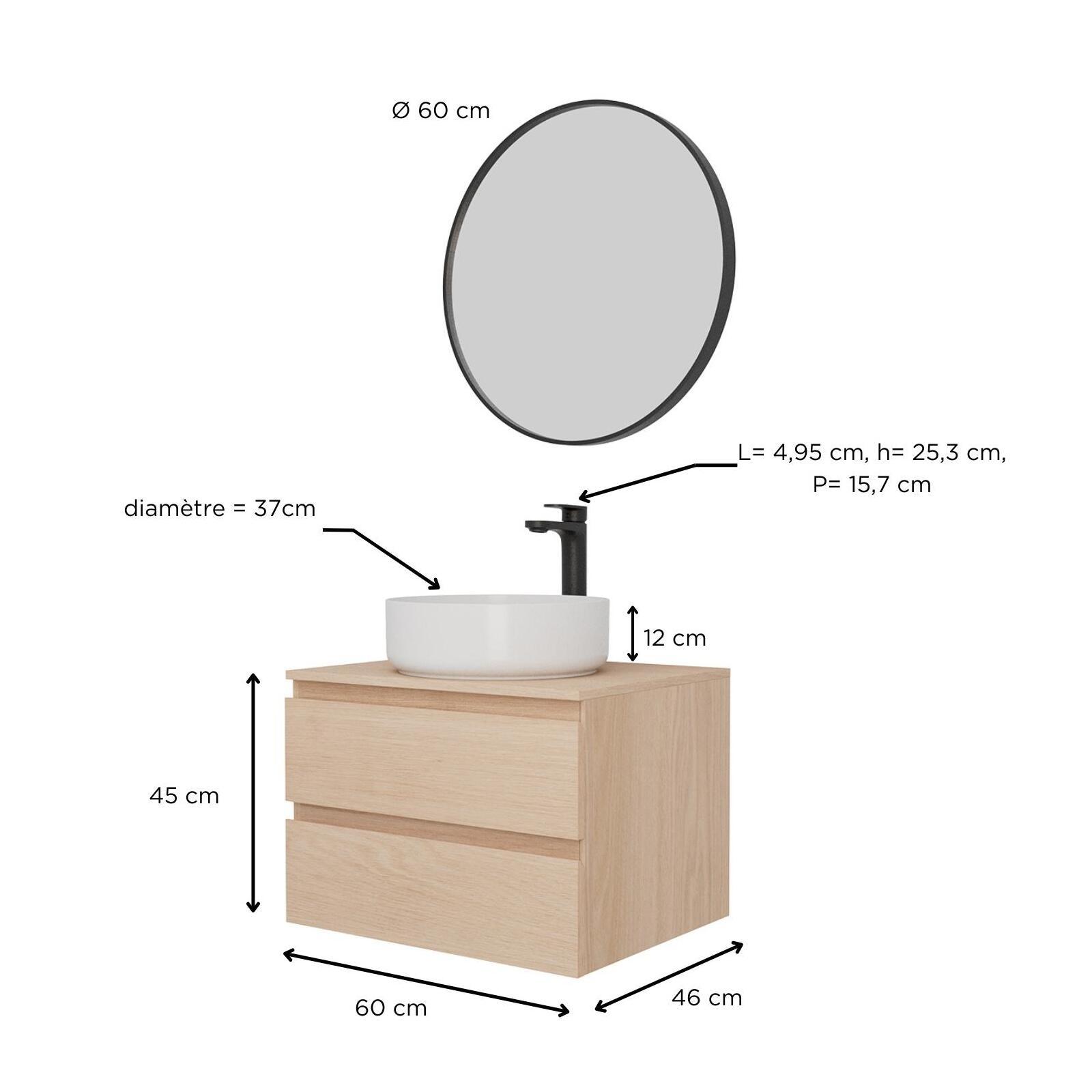 Ensemble meuble simple vasque 60 cm + vasque DIEGO + robinet ROB + miroir EMA