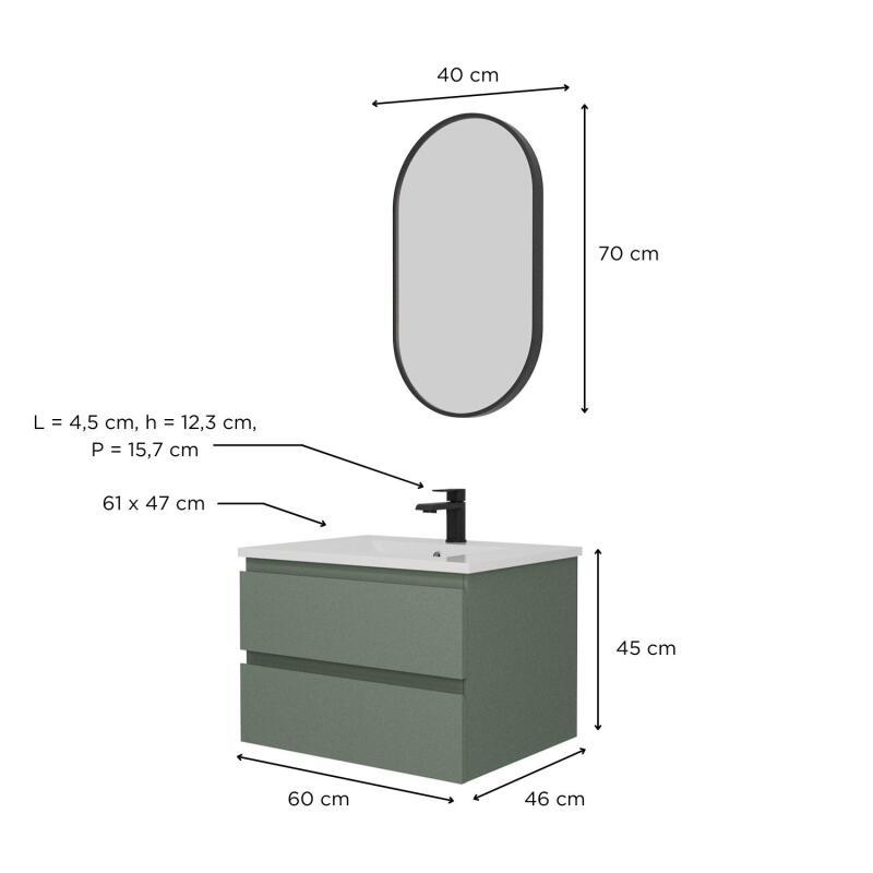 Ensemble meuble simple vasque 60 cm + robinet NETO + miroir Pepper