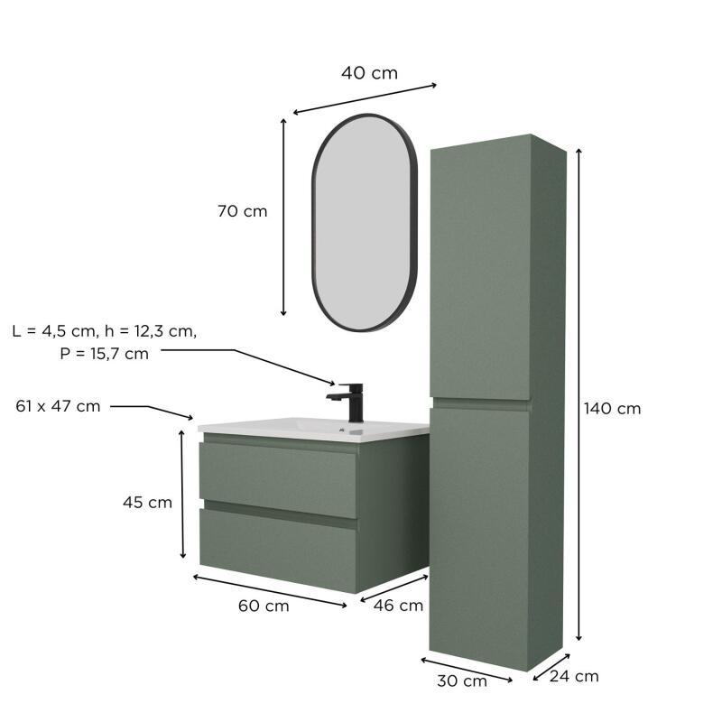 Ensemble meuble simple vasque 60 cm + robinet NETO + miroir Pepper + Colonne Sorrento