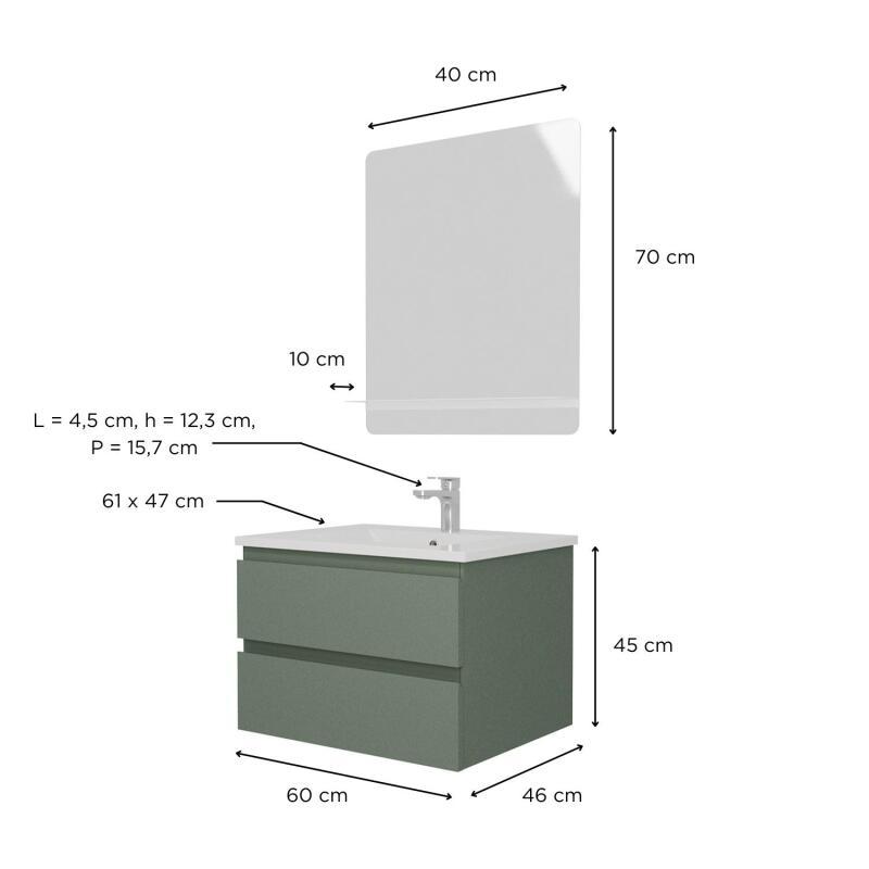 Ensemble meuble simple vasque 60 cm + robinet PIXE + miroir SORRENTO