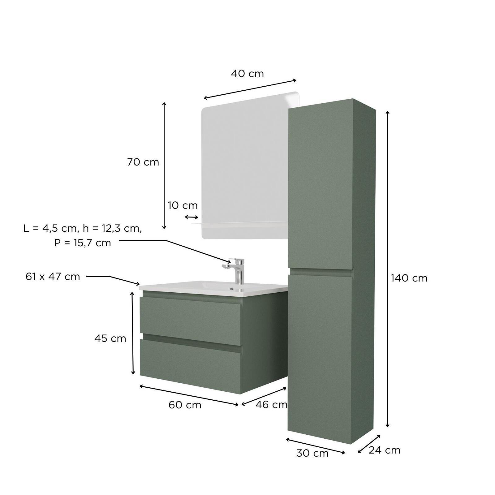 Ensemble meuble simple vasque 60 cm + robinet PIXE + miroir SORRENTO + Colonne SORRENTO