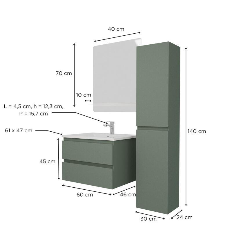 Ensemble meuble simple vasque 60 cm + robinet PIXE + miroir SORRENTO + Colonne SORRENTO