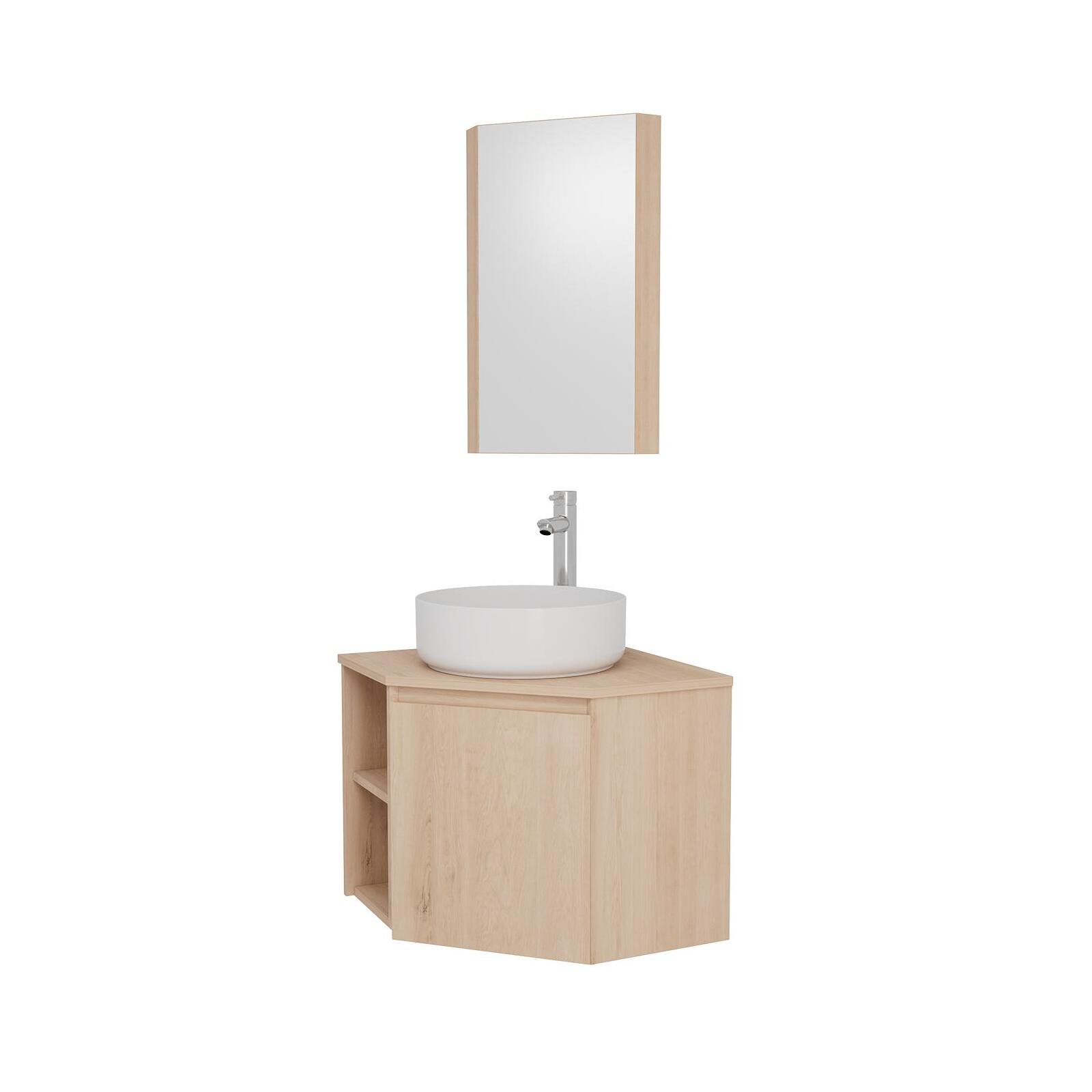 Ensemble meuble sous vasque d'angle + vasque DIEGO + robinet TAP + Armoire de toilette d'angle CLEO