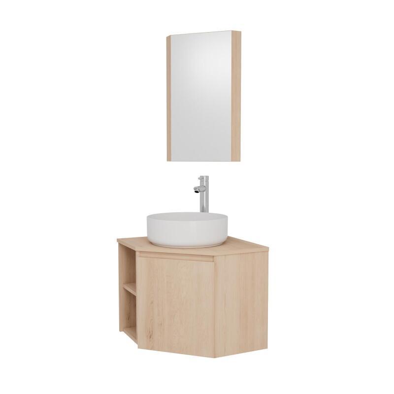 Ensemble meuble sous vasque d'angle + vasque DIEGO + robinet TAP + Armoire de toilette d'angle CLEO