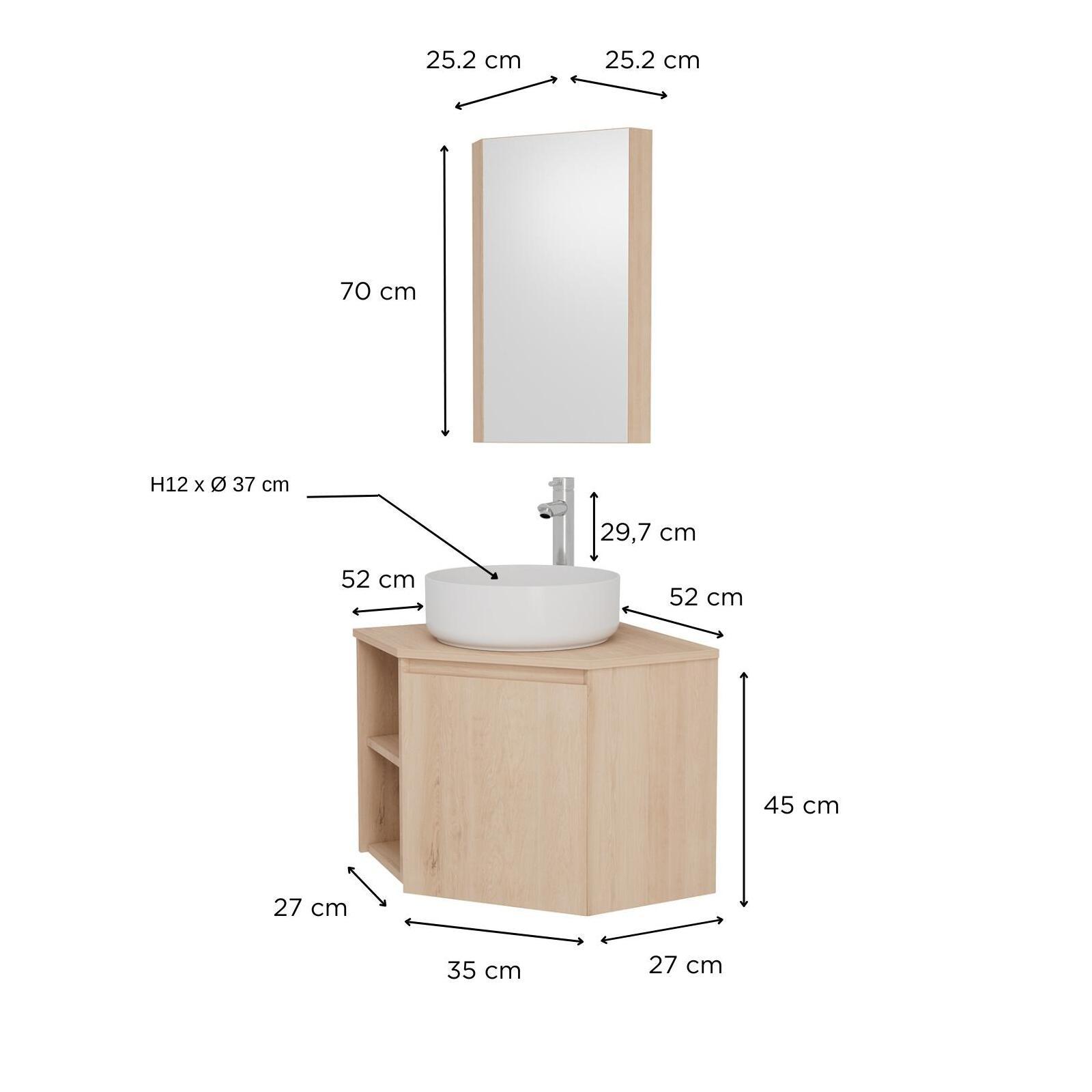Ensemble meuble sous vasque d'angle + vasque DIEGO + robinet TAP + Armoire de toilette d'angle CLEO