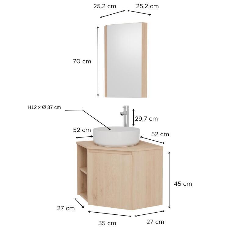 Ensemble meuble sous vasque d'angle + vasque DIEGO + robinet TAP + Armoire de toilette d'angle CLEO