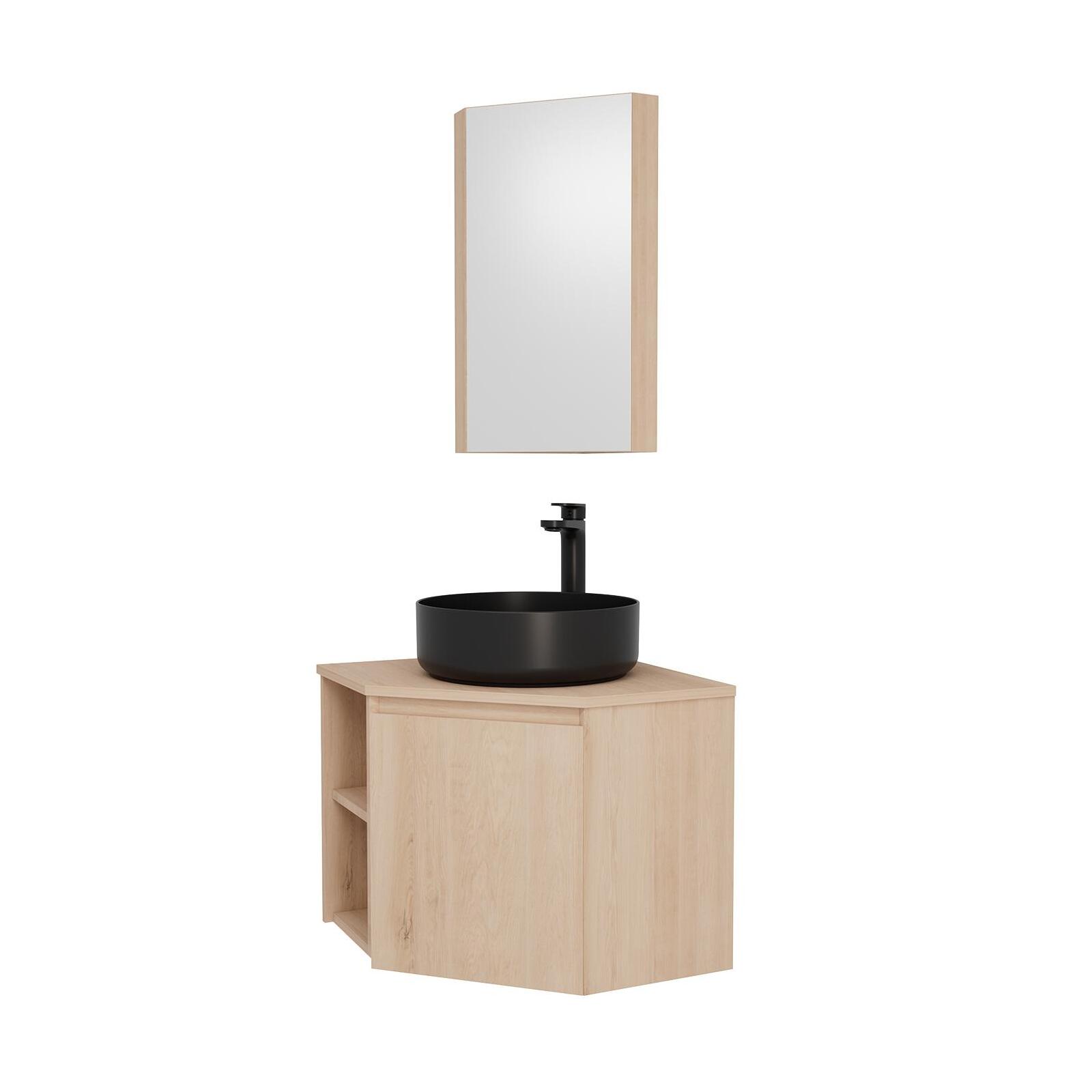 Ensemble meuble sous vasque d'angle + vasque DIEGO + robinet GRIFO + Armoire de toilette d'angle CLEO