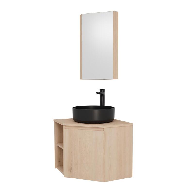 Ensemble meuble sous vasque d'angle + vasque DIEGO + robinet GRIFO + Armoire de toilette d'angle CLEO