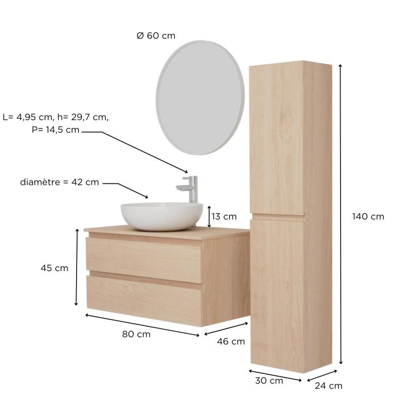 Ensemble meuble simple vasque 80 cm + vasque SACHA + robinet TAP + miroir EMA + colonne SORRENTO