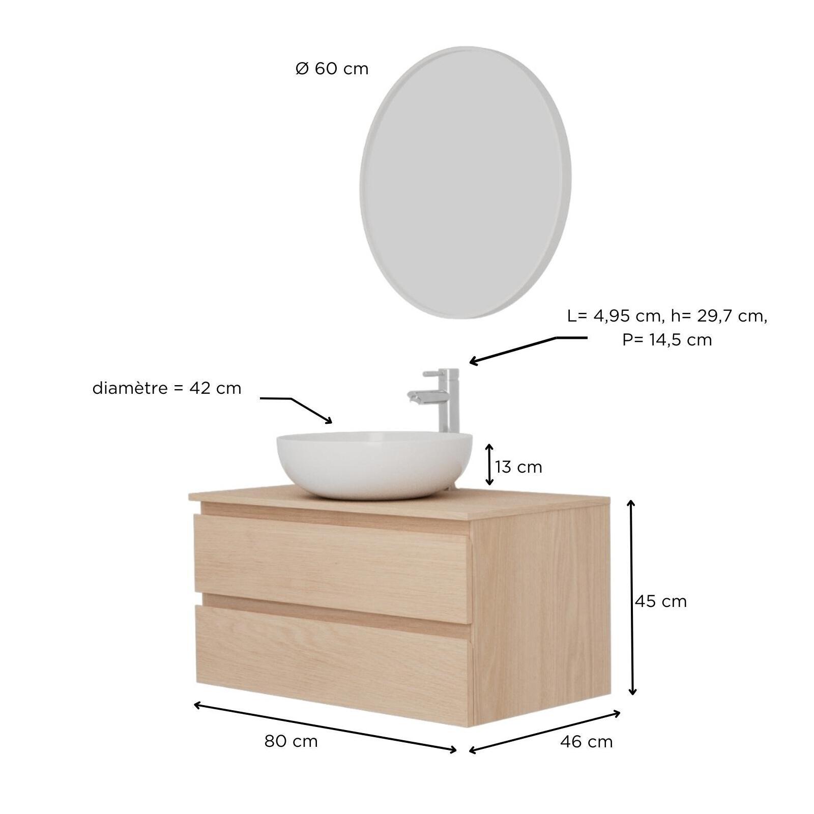 Ensemble meuble simple vasque 80 cm + vasque SACHA + robinet TAP + miroir EMA