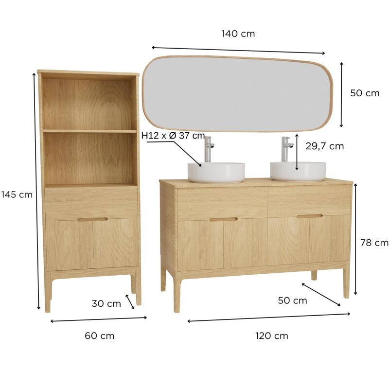 Ensemble meuble double vasque 120cm ALASKA + vasque DIEGO + robinet TAP + Miroir FLOKI + Colonne ALASKA