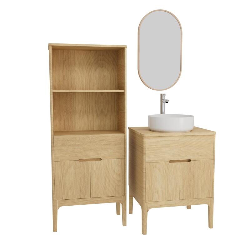 Ensemble meuble double vasque 60cm ALASKA + vasque DIEGO + robinet TAP + Miroir PEPPER + Colonne ALASKA