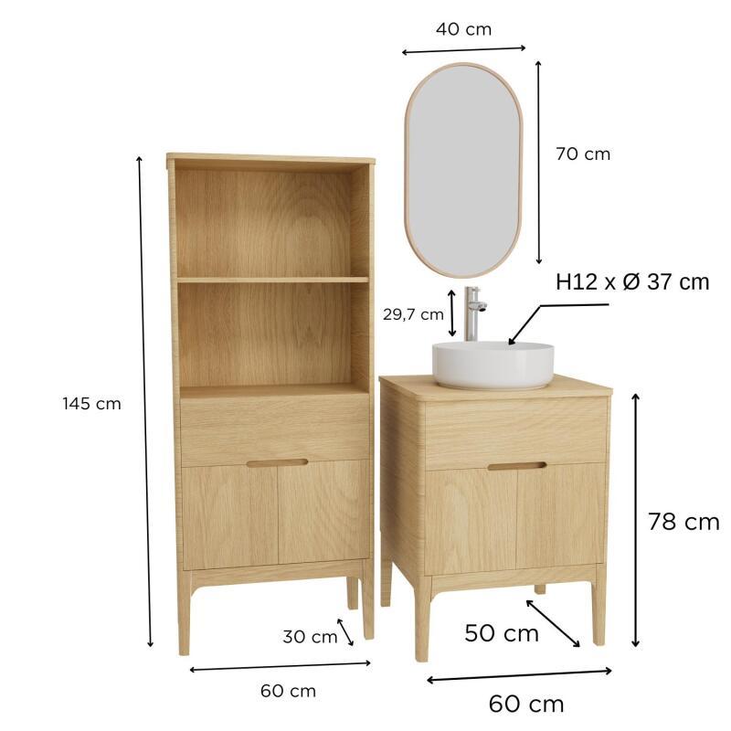 Ensemble meuble double vasque 60cm ALASKA + vasque DIEGO + robinet TAP + Miroir PEPPER + Colonne ALASKA