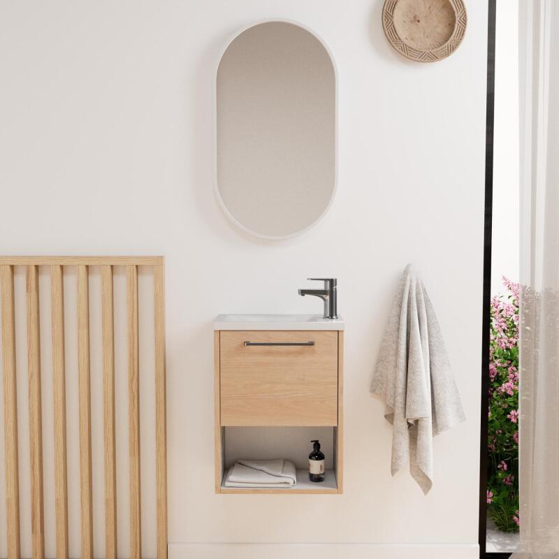 Ensemble meuble lave-mains NIKA + robinet TAP + Miroir PEPPER