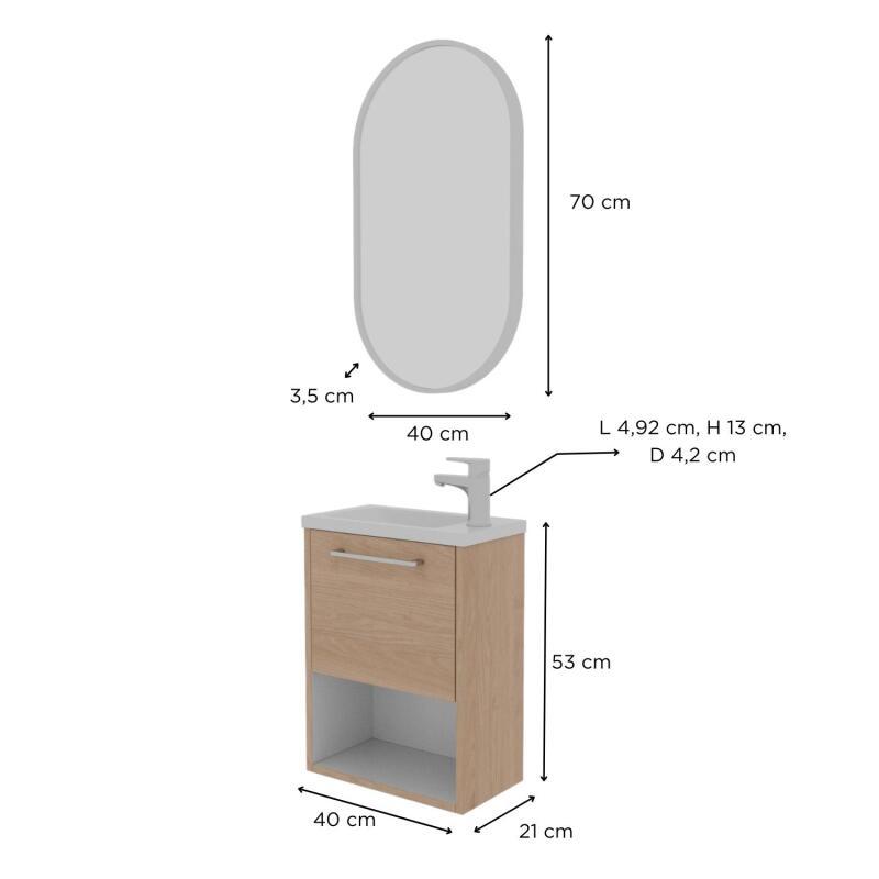 Ensemble meuble lave-mains NIKA + robinet TAP + Miroir PEPPER