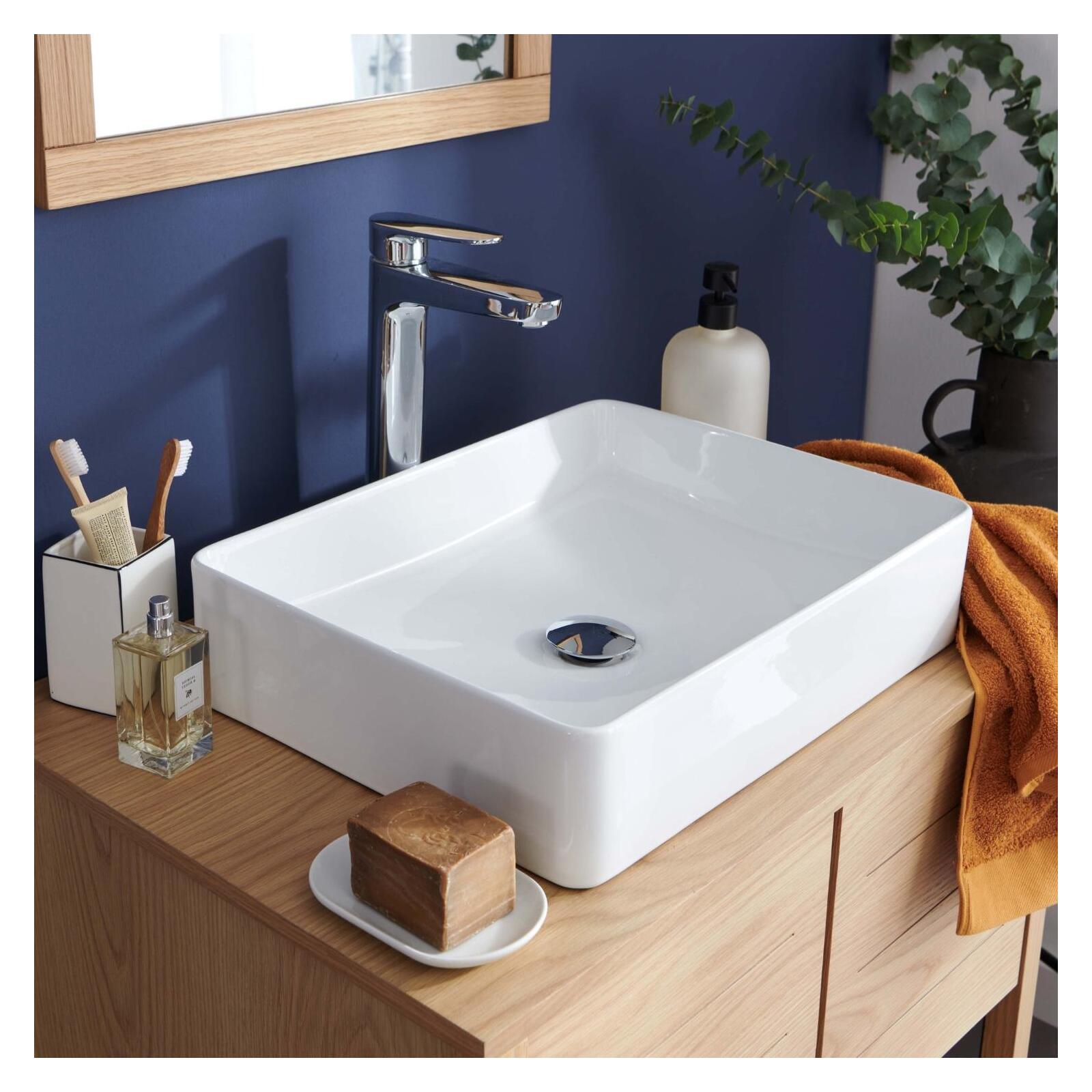 Vasque rectangulaire à poser en céramique blanche 47 x 36 cm - ROMY - Vue de 3/4