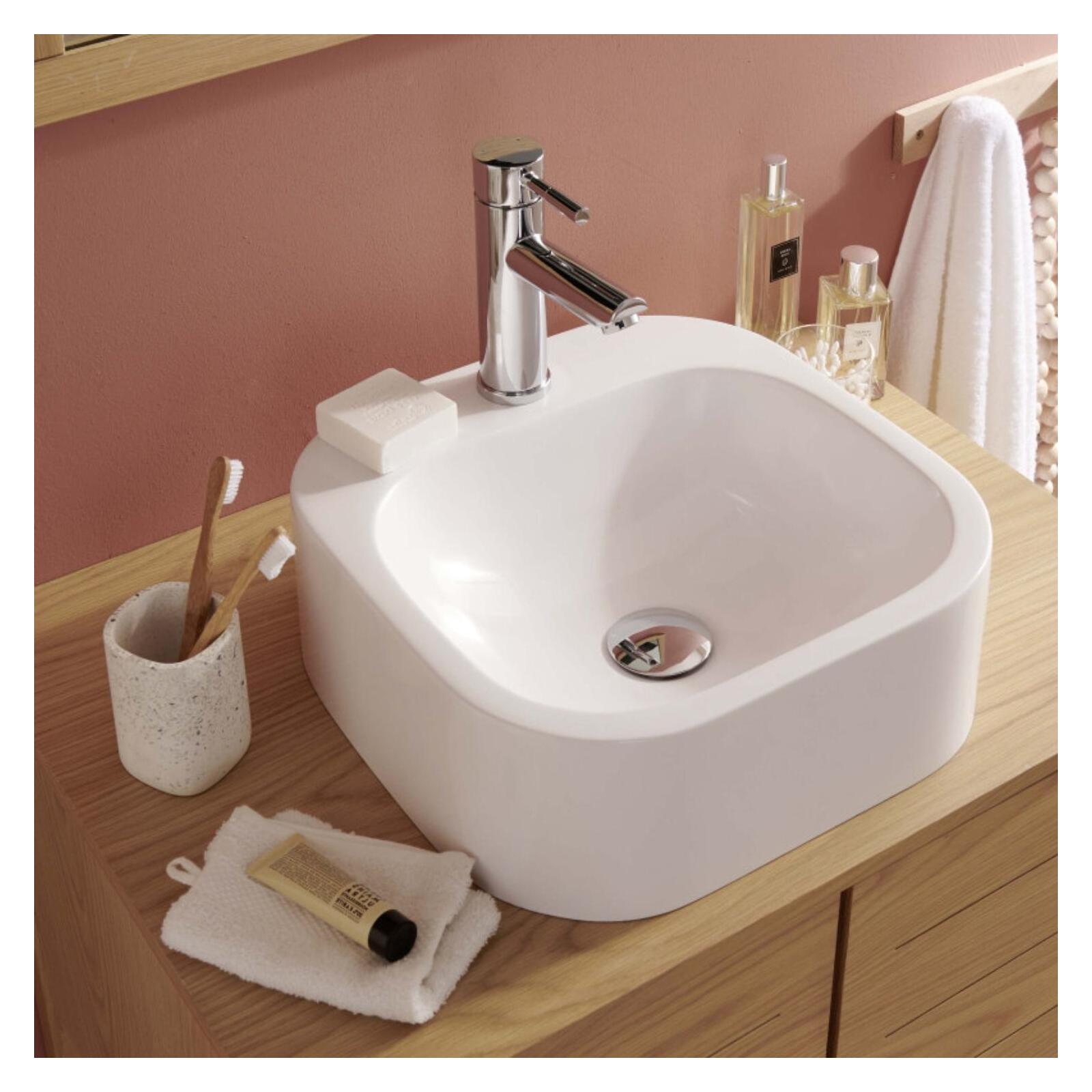 Vasque carrée à poser en résine blanche largeur 37cm - SIAN - Vue de 3/4