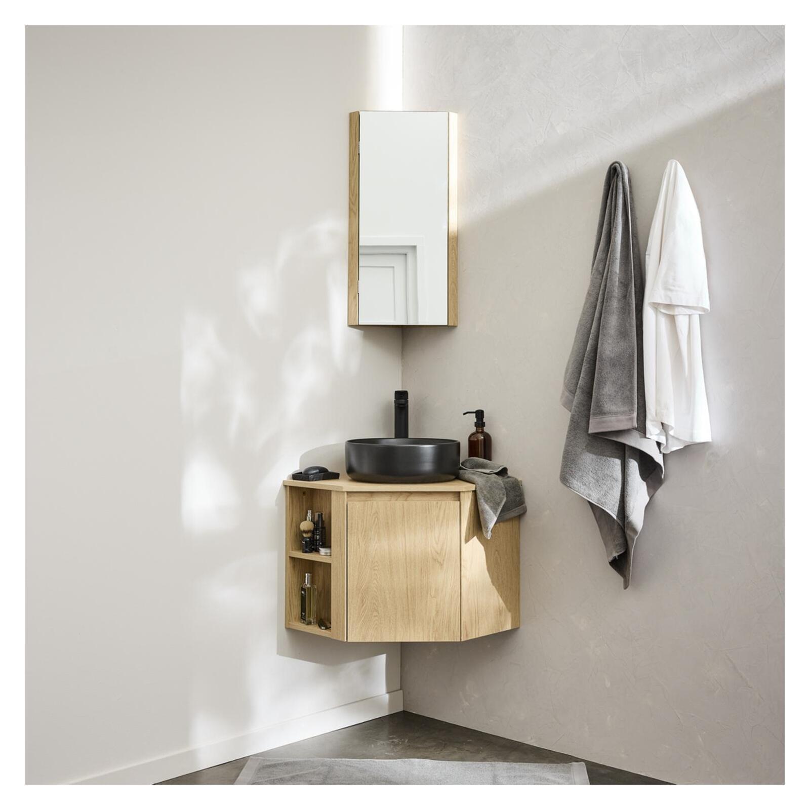 Ensemble meuble sous vasque d'angle + vasque DIEGO + robinet GRIFO + Armoire de toilette d'angle CLEO