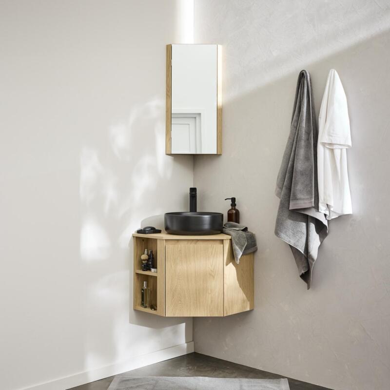 Ensemble meuble sous vasque d'angle + vasque DIEGO + robinet GRIFO + Armoire de toilette d'angle CLEO