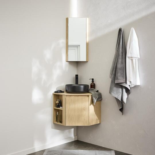 Ensemble meuble sous vasque d'angle + vasque DIEGO + robinet GRIFO + Armoire de toilette d'angle CLEO