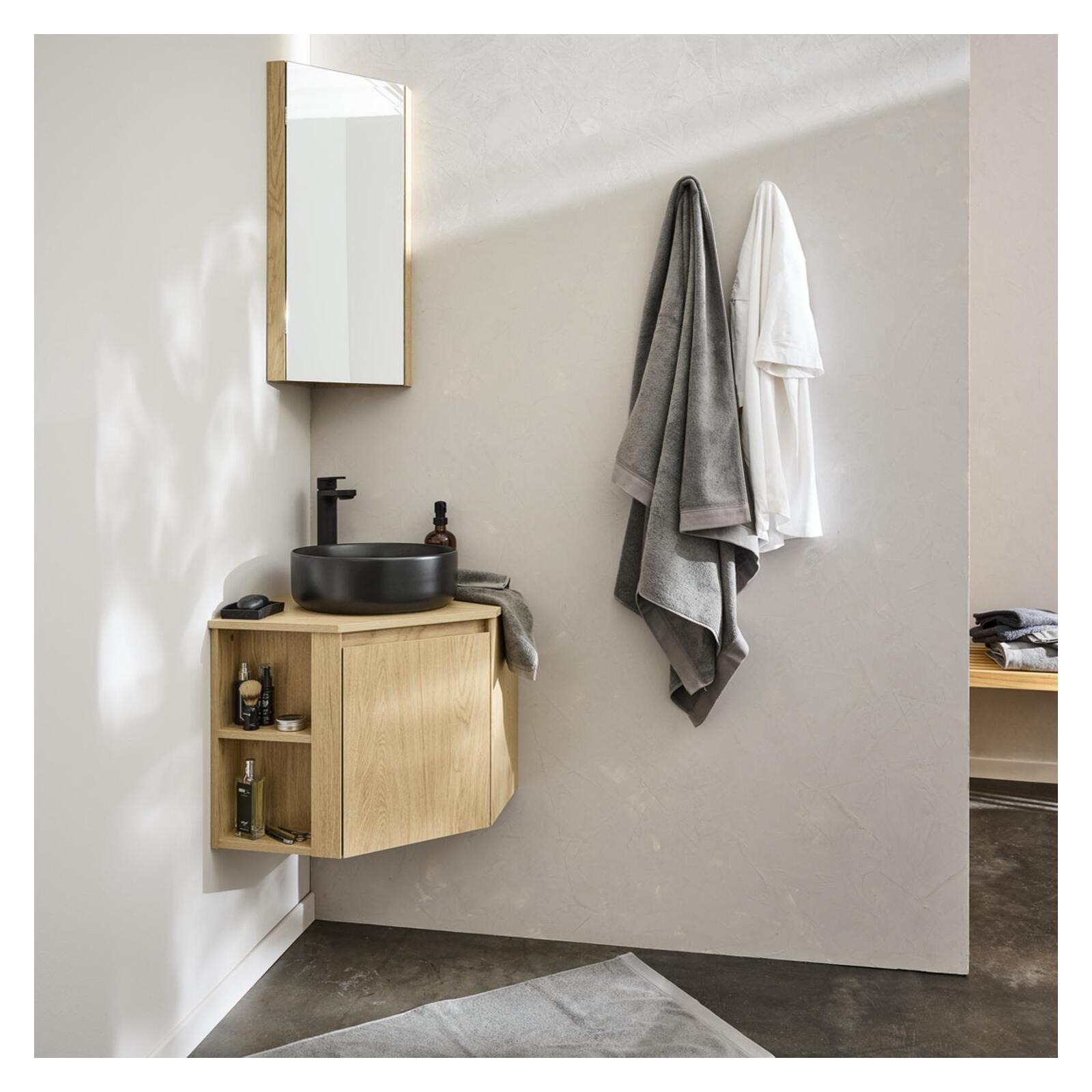 Ensemble meuble sous vasque d'angle + vasque DIEGO + robinet GRIFO + Armoire de toilette d'angle CLEO