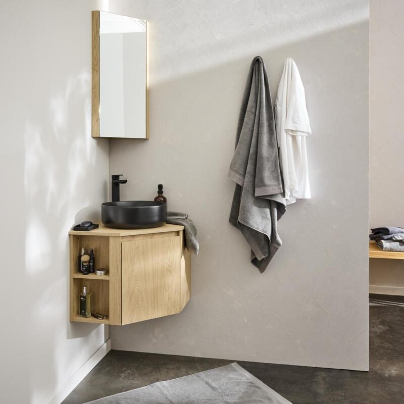Ensemble meuble sous vasque d'angle + vasque DIEGO + robinet GRIFO + Armoire de toilette d'angle CLEO