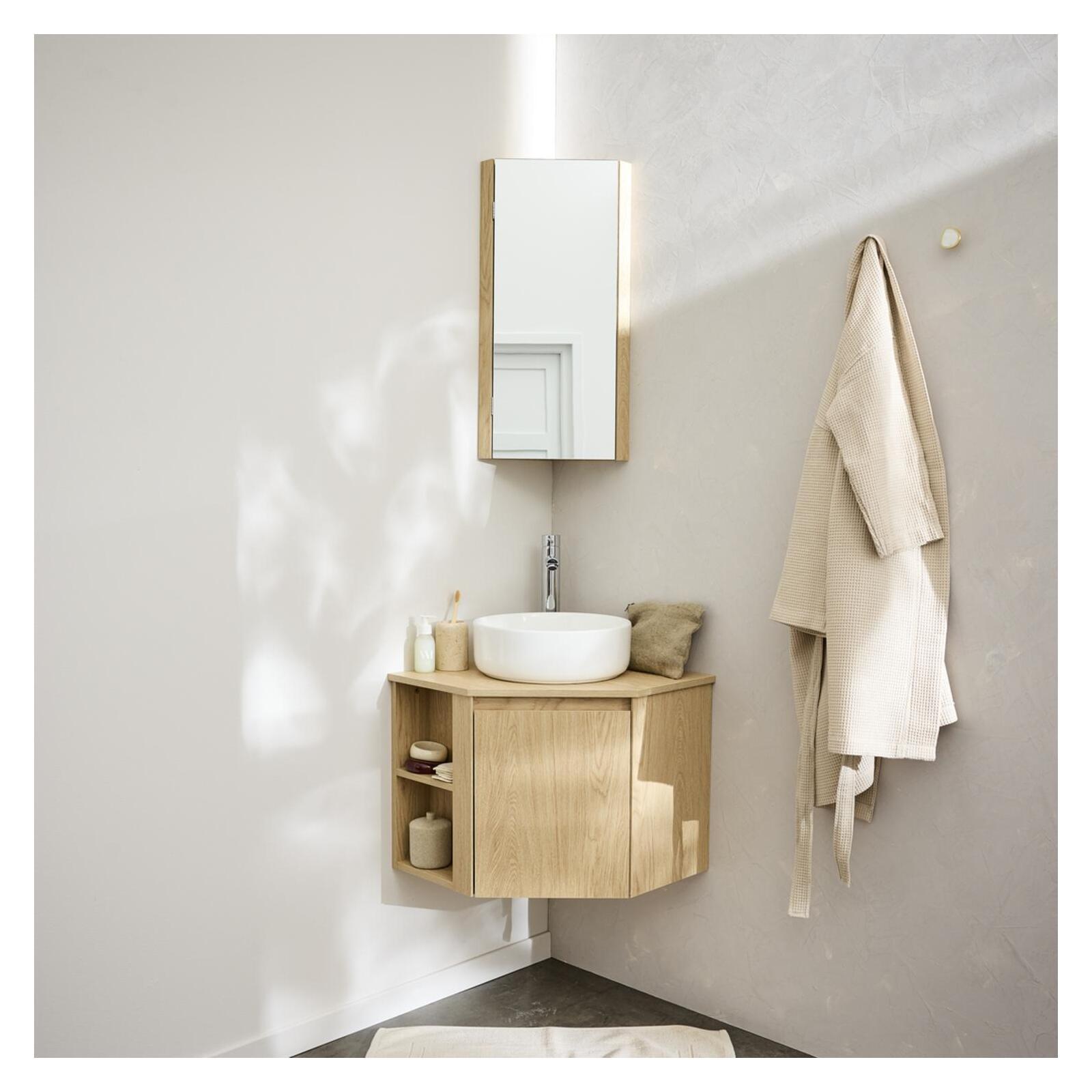 Ensemble meuble sous vasque d'angle + vasque DIEGO + robinet TAP + Armoire de toilette d'angle CLEO