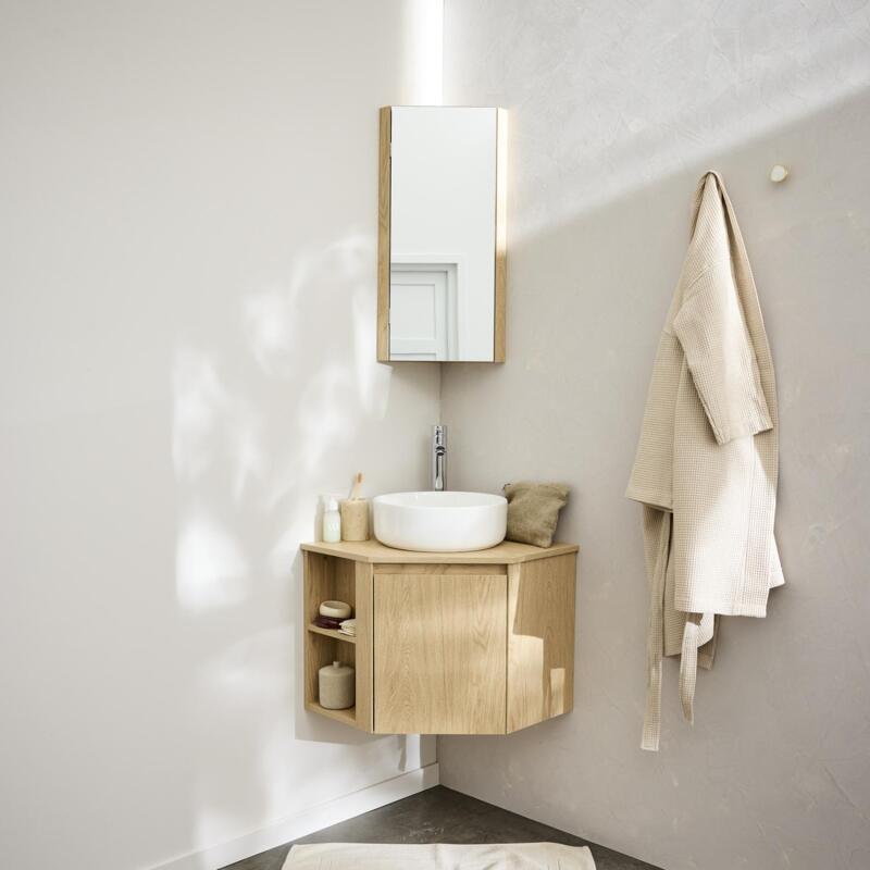 Ensemble meuble sous vasque d'angle + vasque DIEGO + robinet TAP + Armoire de toilette d'angle CLEO